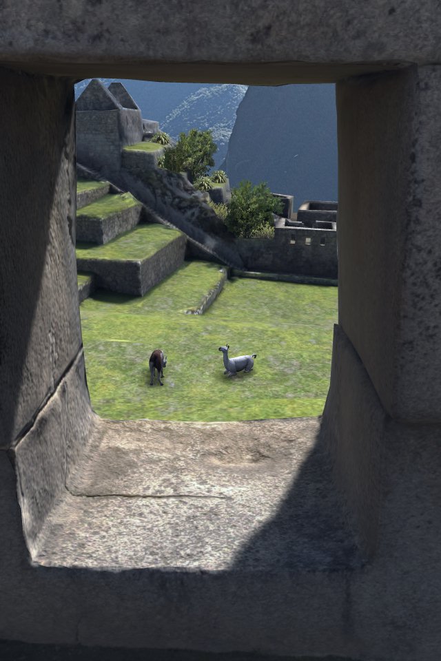 Lamas durch ein Steinfenster forografiert